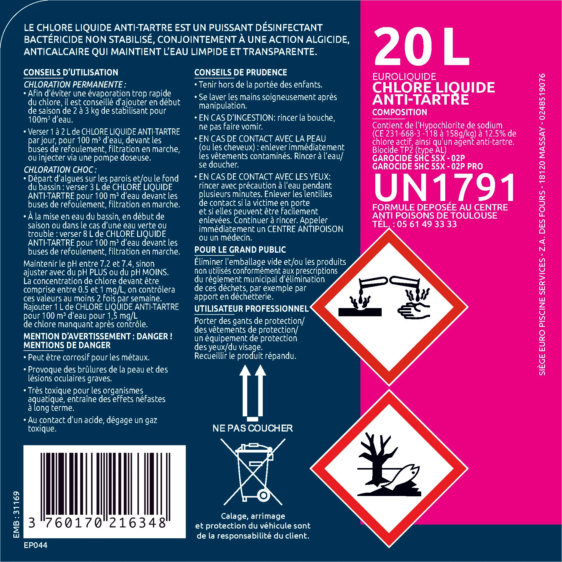 CHLORE LIQUIDE ANTI-TARTRE 20 LITRES