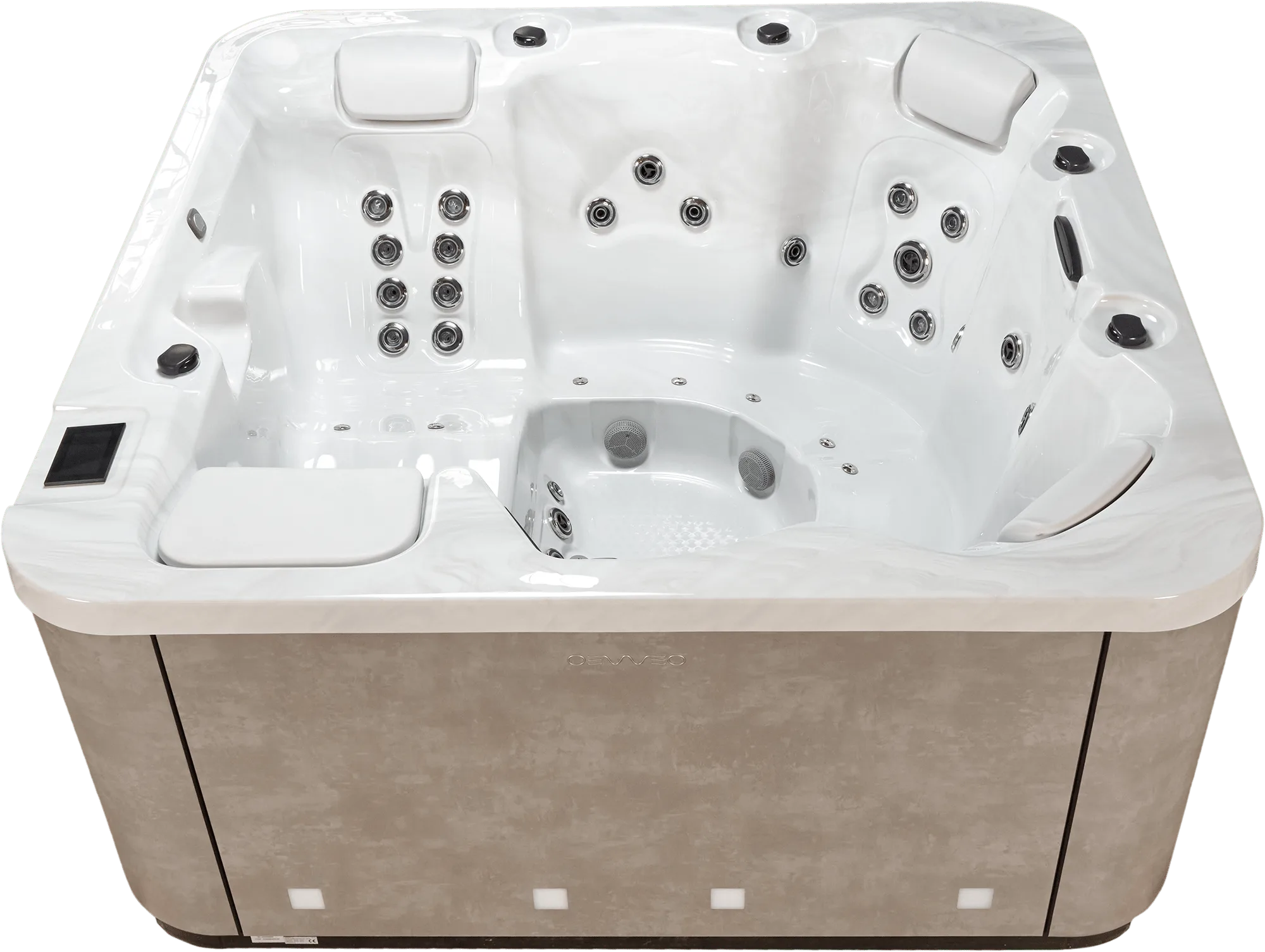 Spa OEWEO Privilège 5 avec 5 places, dont 1 allongée, et 50 jets massants, idéal pour la famille.
