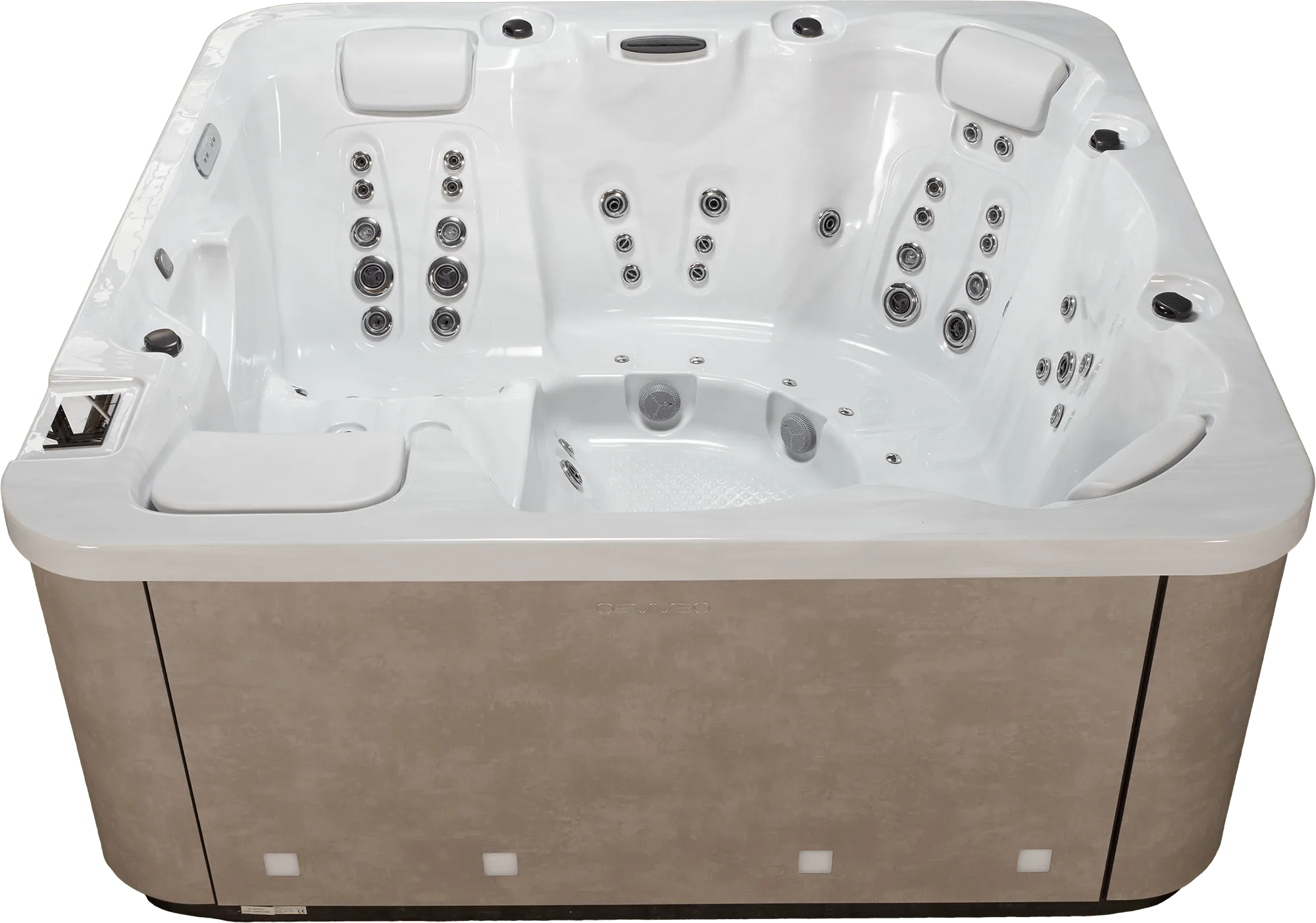 Spa OEWEO Privilège XL5 avec 6 places, incluant une place enfant et une place allongée, et 70 jets de massage en inox.