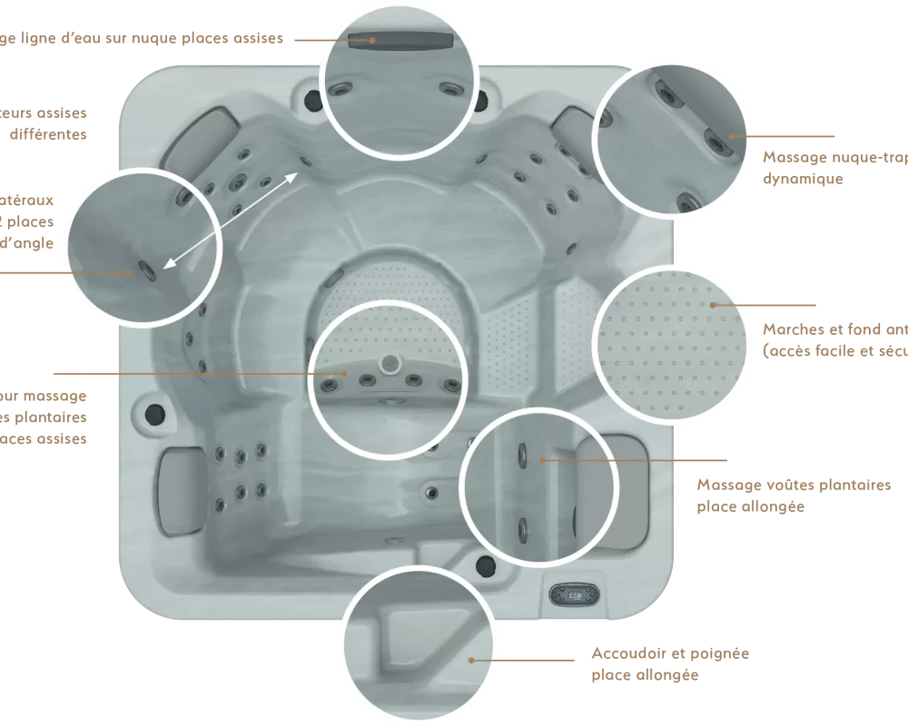 Spa OEWEO Confort 5, modèle familial avec 5 places, dont 1 allongée, et jets massants.