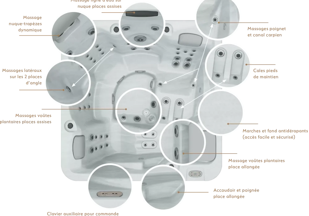 Spa OEWEO Confort XL5+ avec 5 places, dont 2 allongées, et 56 jets de massage.