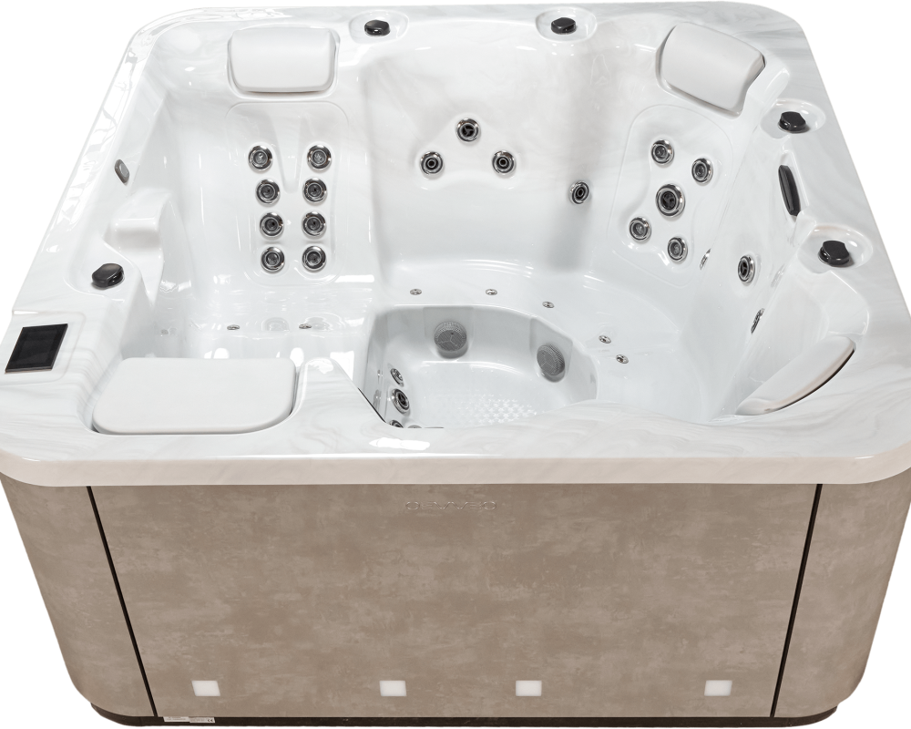 Spa OEWEO Privilège 5 avec 5 places, dont 1 allongée, et 50 jets massants, idéal pour la famille.