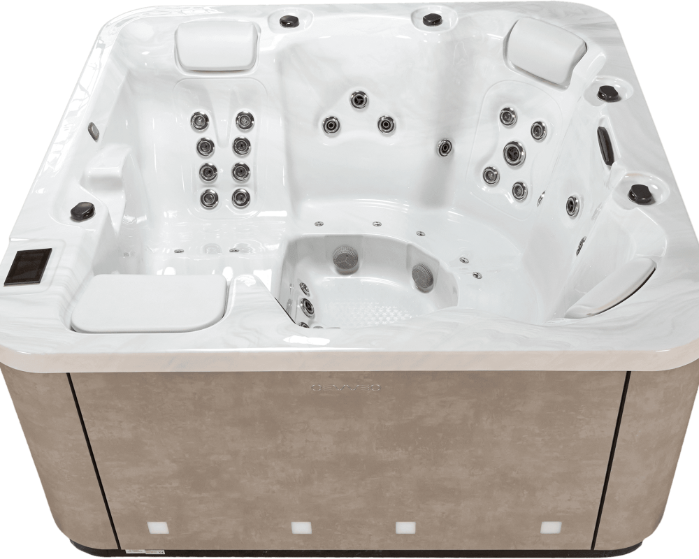 Spa OEWEO Privilège 5 avec 5 places, dont 1 allongée, et 50 jets massants, idéal pour la famille.