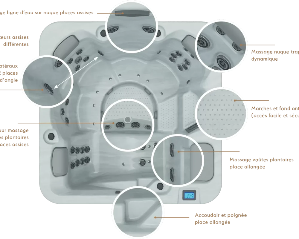Spa OEWEO Privilège 5 avec 5 places, dont 1 allongée, et 50 jets massants, idéal pour la famille.