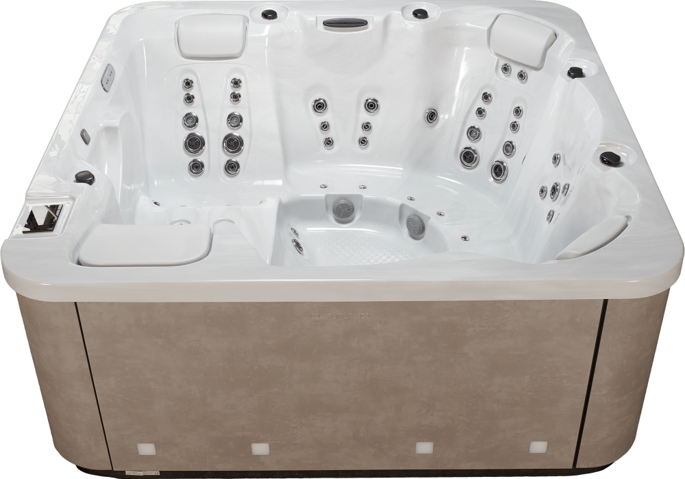 Spa OEWEO Privilège XL5 avec 6 places, incluant une place enfant et une place allongée, et 70 jets de massage en inox.