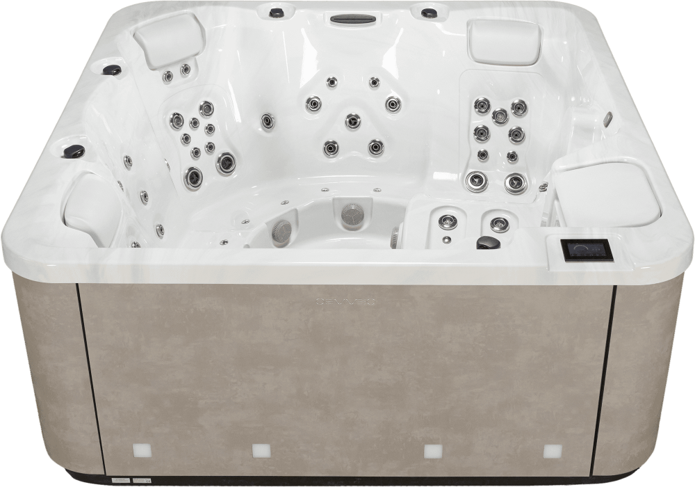 Spa OEWEO Privilège XL5+ avec 5 places, dont 2 allongées, et 72 jets massants pour un confort maximal.